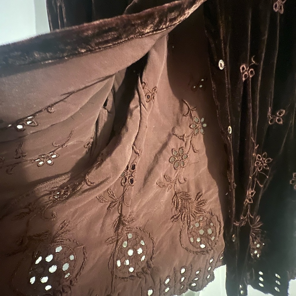 ECI Rich Brown Velvet Shirt with Floral Embroidery - Picture 7 of 10